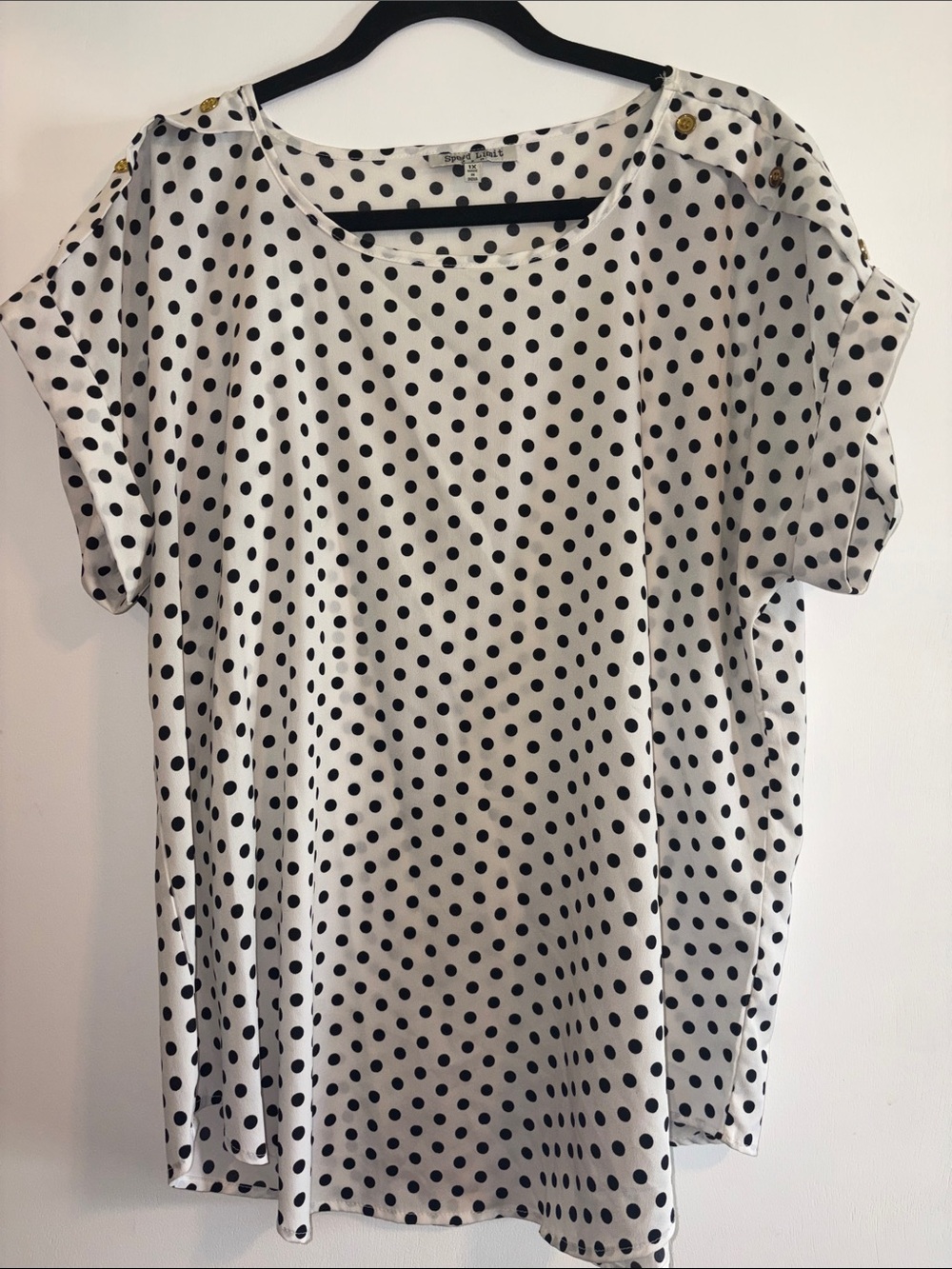 Polka Dot Short Sleeve Blouse with Gold Button Detail - White/Black